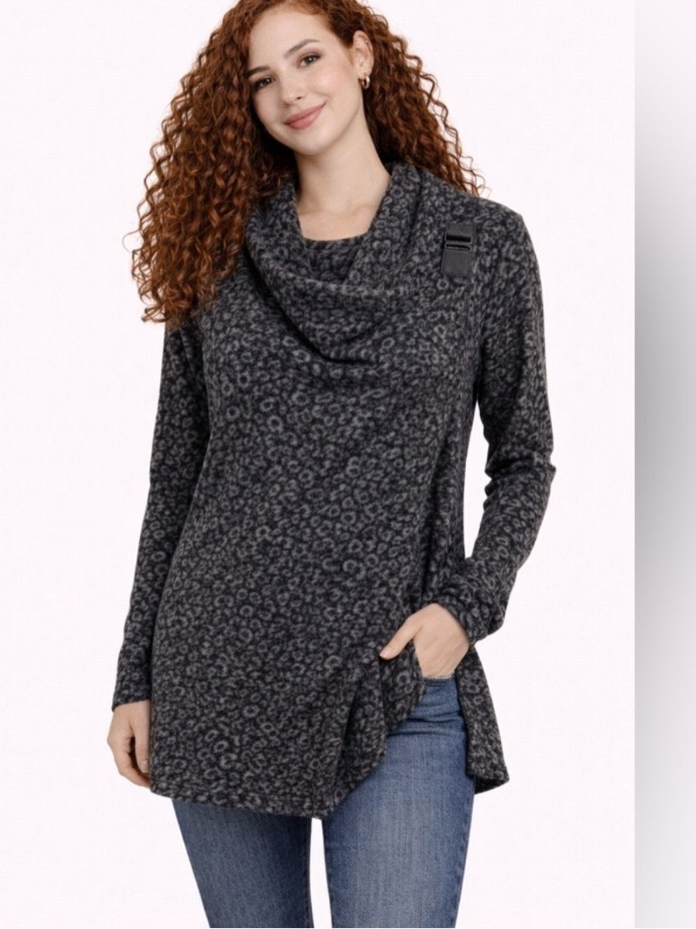 Kenar Leopard Print Asymmetrical Drape Sweater Trendy Chic Cardigan  Wool SZ S